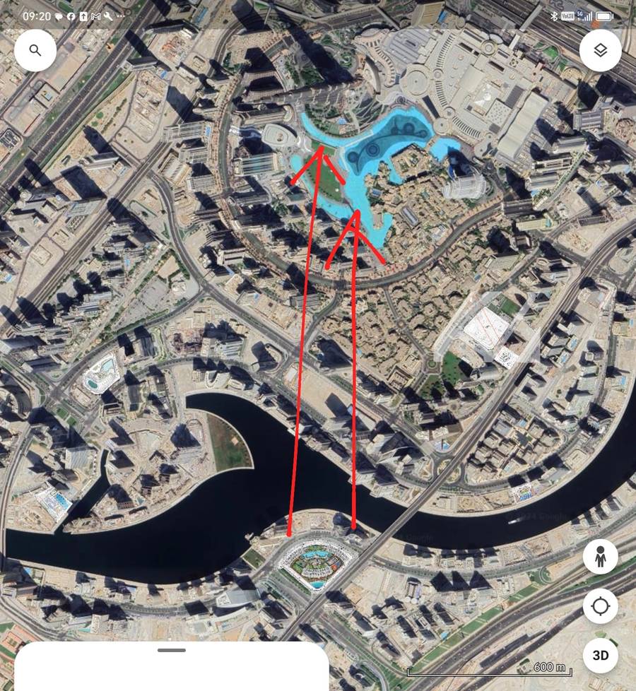 Satellite view with the sightline from the site to Burj Khalifa marked