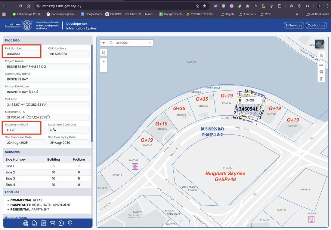 DDA Development Information System record for plot 3460541 showing maximum height G+28