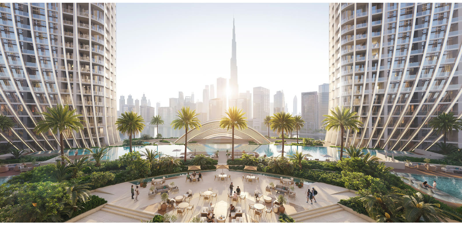The podium amenity deck between the towers, facing the Burj Khalifa