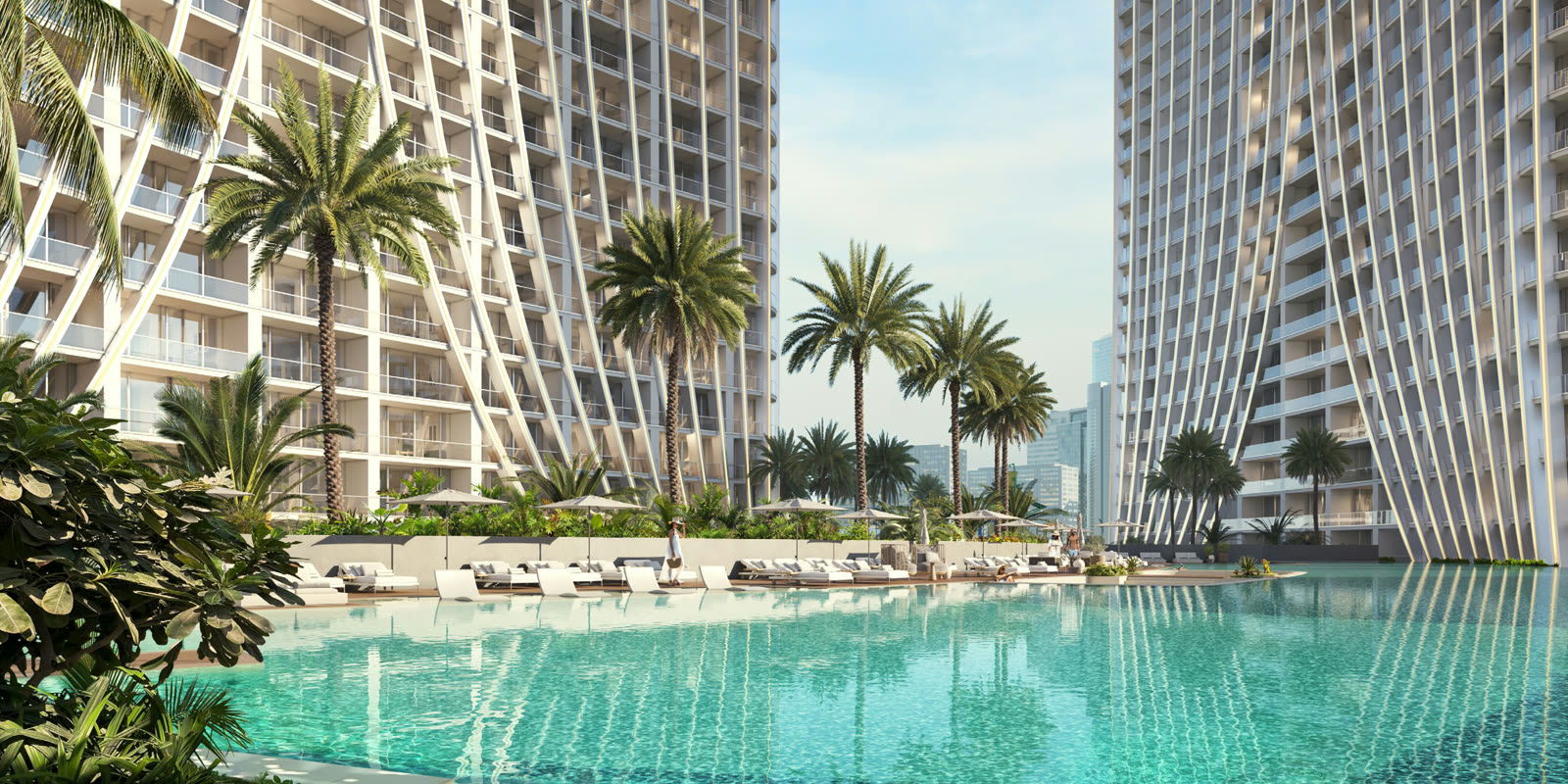 The artificial beach and lagoon pools between the towers