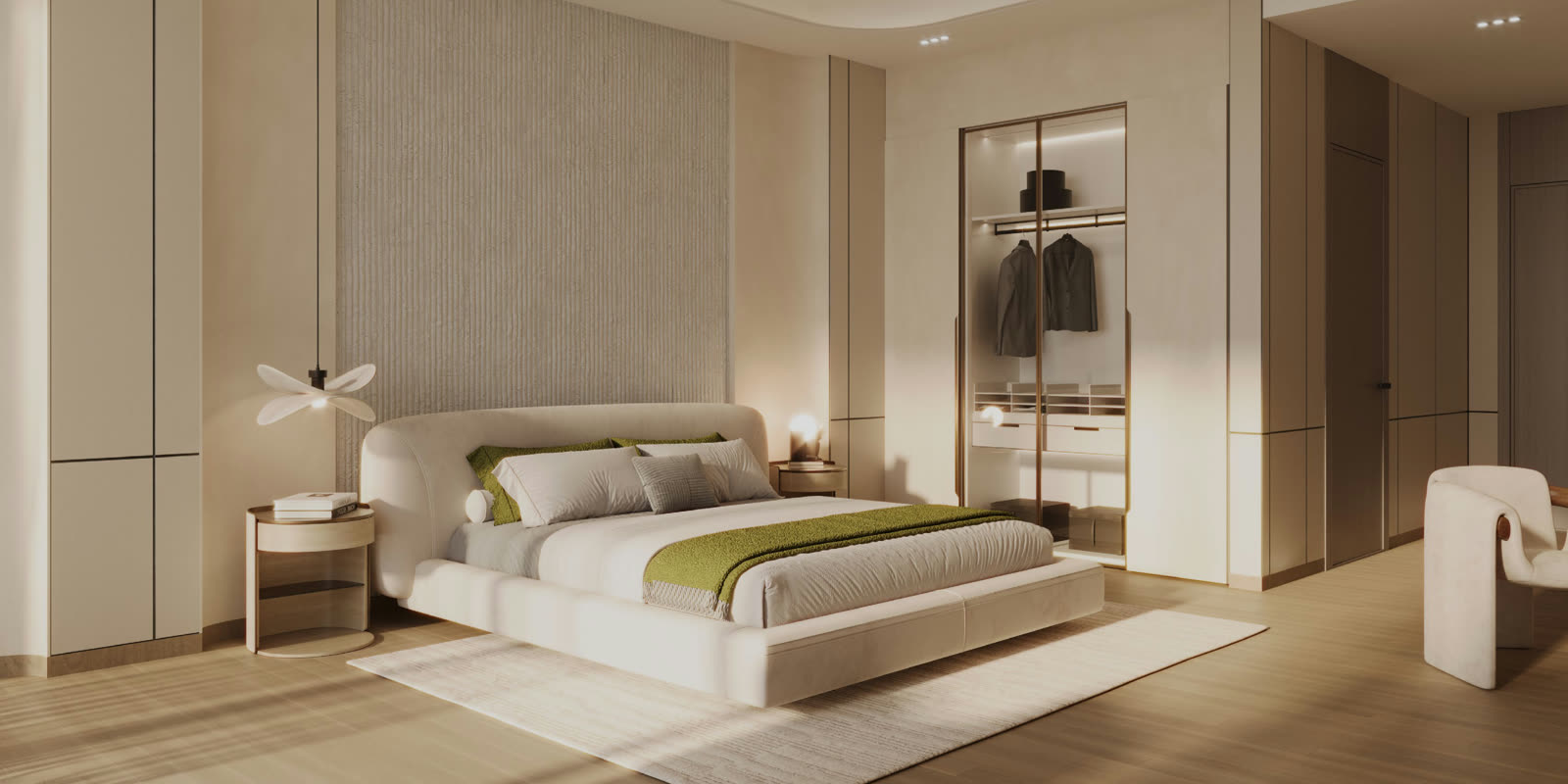 Bedroom with a lit wardrobe