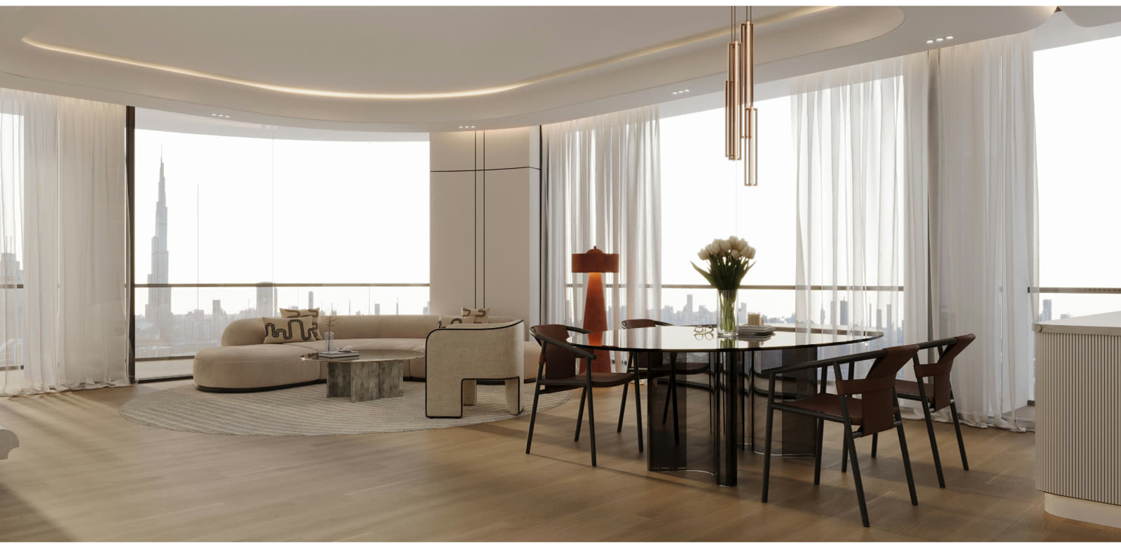Living and dining room with the Burj Khalifa visible through floor-to-ceiling glass