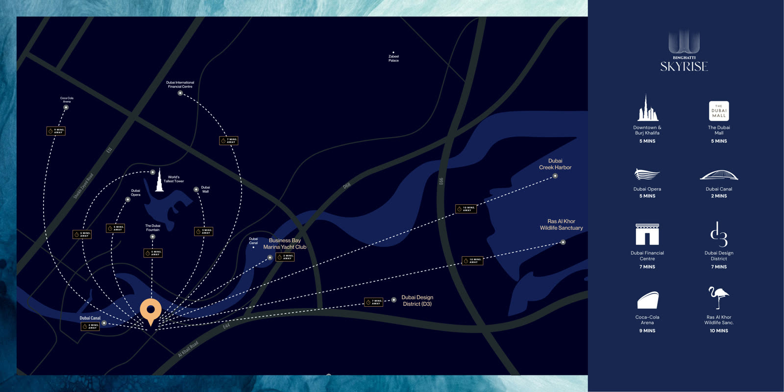 Official Skyrise location map: Burj Khalifa and Dubai Mall 5 minutes, Canal 2 minutes