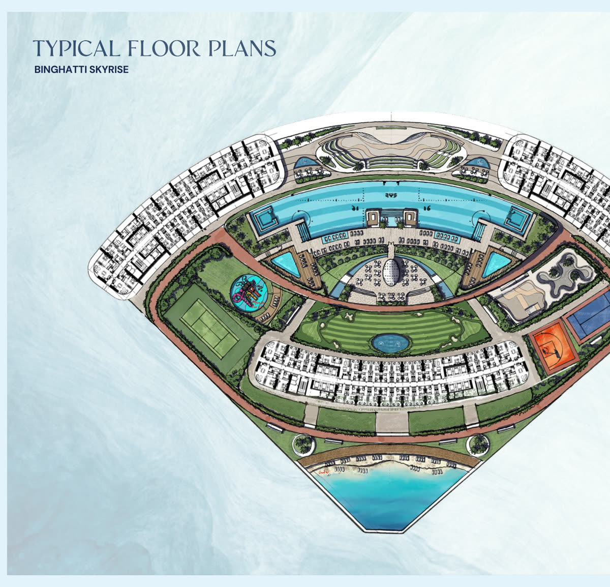 The podium master plan showing beach, pools, golf green, tennis, padel and skate park